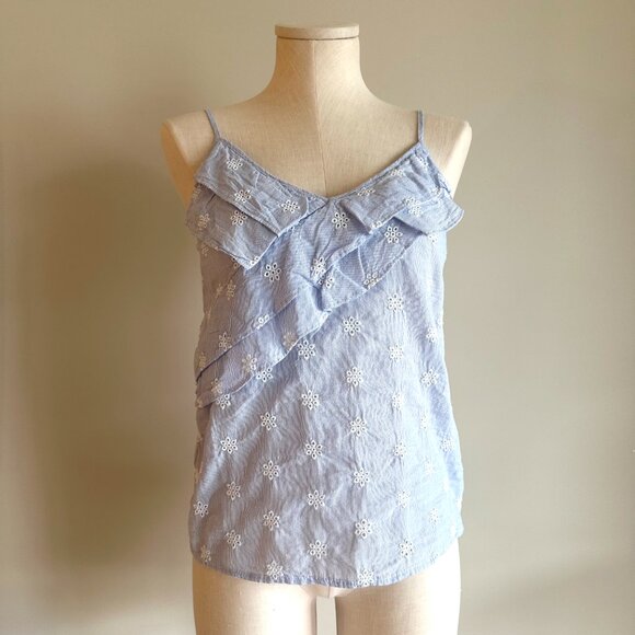 Light Blue Tank Top Womens Size 4 Pin Striped White Floral Ruffle - Picture 1 of 5